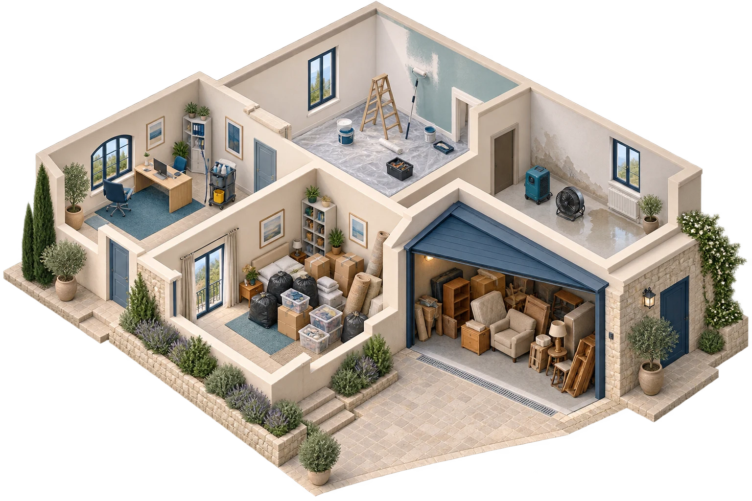 Vue isométrique de cinq espaces : bureau, logement encombré, garage, pièce après travaux et dégât des eaux